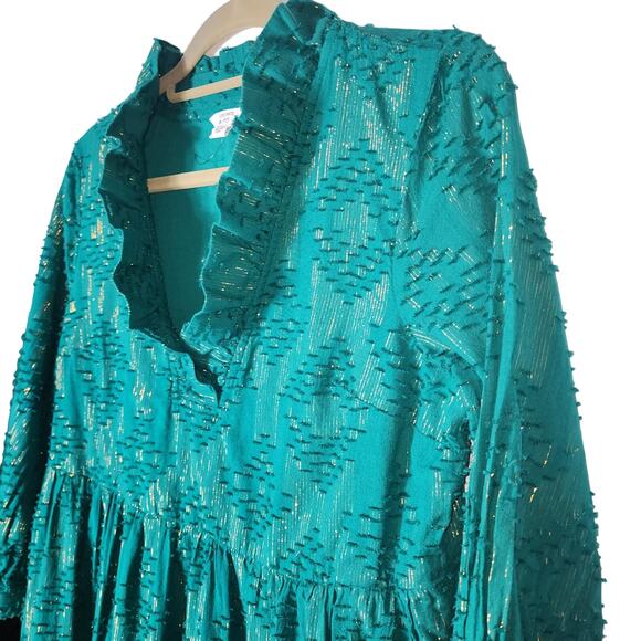 Crown & Ivy Sz S Cotton Green Embroidered Gold Metallic Midi Dress Tiered Ruffle - Picture 4 of 9